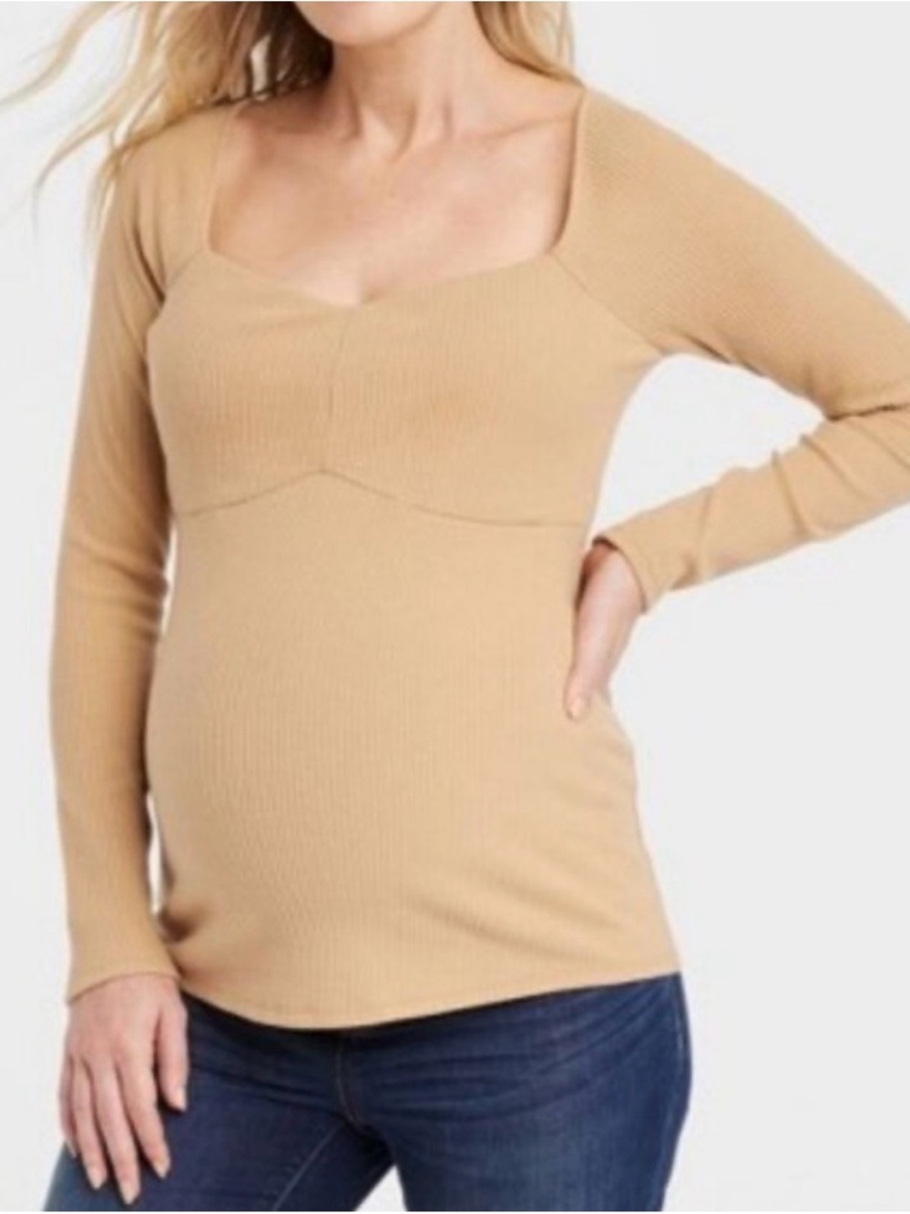 Maternity sweetheart Soft Stretch Long Sleeve Ribbed Knit Top in Tan size XL NEW